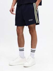 SUMWON Navy Athletic Shorts With Yellow Side Stripes And Logo Detail Men's Summer Casual Sportswear With Side Pockets - Navy Blue - View 1