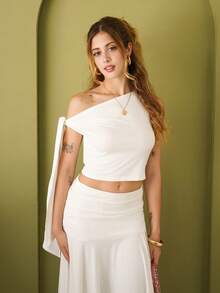 Ananda Vibes Women's Solid Color Asymmetric Shoulder Tie Blouse + Asymmetrical Hem High-Slit Ruched Skirt Graduation Dress Set - White - View 5