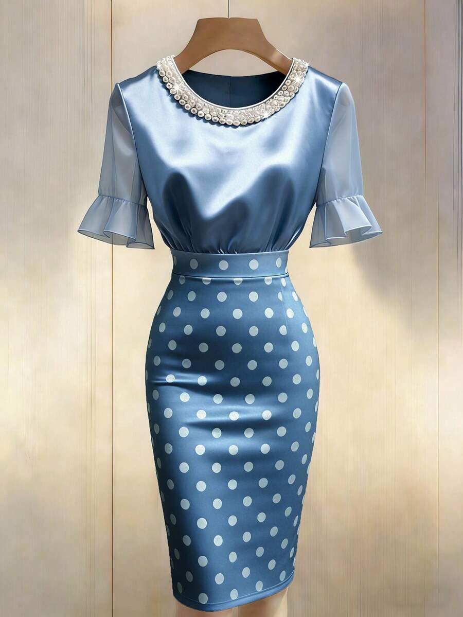 Franclia Đầm satin màu sâm panh mới dành cho nữ, cổ áo kiểu Pháp đính ngọc trai, tay ngắn bằng chiffon, họa tiết chấm bi, thiết kế ôm sát eo, tôn dáng, phù hợp cho các dịp xuân/hè như tụ họp bạn bè, váy phù dâu, mùa cưới, hẹn hò, tiệc tùng, trang phục thanh lịch cho nữ, váy công sở, váy dự tiệc, váy kiểu pin-up, váy ôm sát. - Màu xanh lam - Xem 1