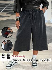 SHEIN CURVE+ 大码女式春夏街头风复古水洗做旧舒适牛仔效果黑色短裤，带口袋，7英寸裤长 - 深灰色 - 查看 8