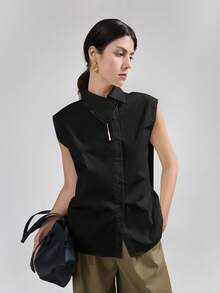 Ontre Áo sơ mi nữ dệt kim mùa hè mới 2026SS, màu đen trơn, cổ tròn, tay cánh hoa, kiểu dáng rộng rãi thoải mái, phù hợp cho giáo viên, công sở, lễ hội âm nhạc, phong cách công sở thường ngày, áo sơ mi cài nút thanh lịch thành thị. - màu đen - Xem 6