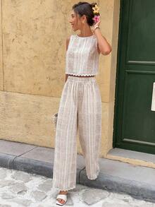 Serisse Women's Striped Crew Neck Sleeveless Top And Pants 2 Pieces Set, Vacation - Apricot - View 6