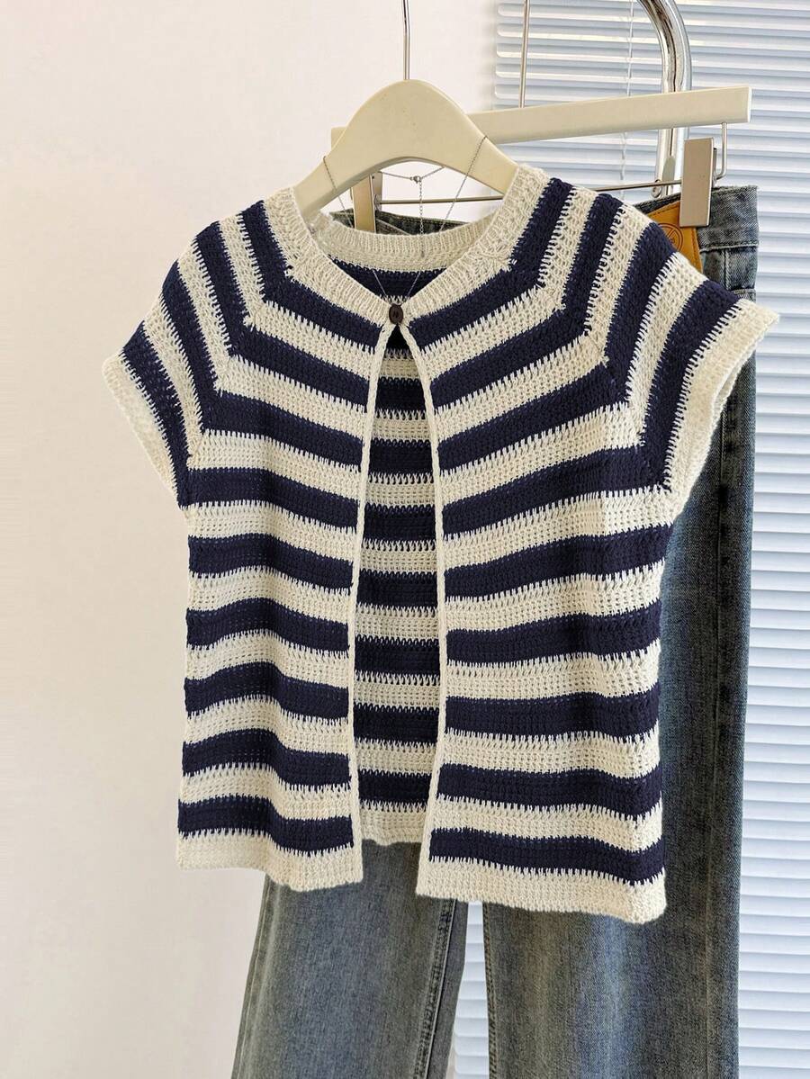 Franclia New Arrival Niche Design Striped Round Neck Distinctive Versatile Slim Fit Cardigan For Women - Multicolor - View 1