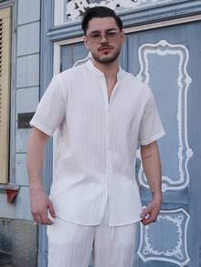 LEOGASHI LEOGASHI 2 件男士休闲纯色纹理短袖衬衫和抽绳腰宽松直筒裤套装，男士两件套服装，男士服装，舒适服装 - 白色 - 查看 6