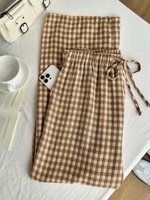 Comfortcana Beige,Summer,Casual,Picnic Women's Plaid Wide Leg Pants,Plus Size Countryside Style Checkered Trousers,Pleated Loose Drawstring Waist Yellow Bottoms - Multicolor - View 7