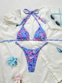 Swim Mod 2pcs/Set Colorful Print Micro Triangle Bikini Bottoms, Sexy Style Zestiva Swimsuit Zebra Bikini Set Zoo Outfit Women Coachella Zip Lining Outfit Holiday Summer - Multicolor - View 5