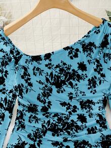 SHEIN Franclia Bodysuit Lengan Panjang Off-Shoulder Bermotif Beludru Bertekstur untuk Wanita - Biru - View 8