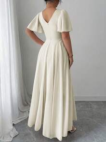 Elenzga Plus Size Women's V-Neck A-Line Chiffon Dress With Ruffle Sleeves, Elegant And Romantic - Apricot - View 2