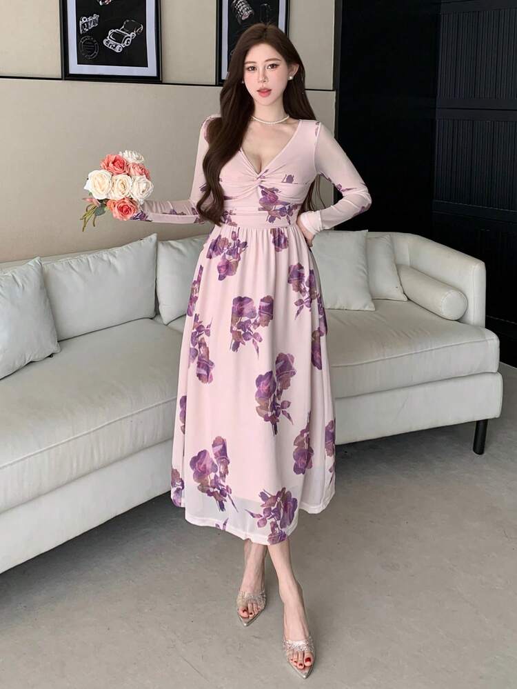 Women's Elegant Floral Print Twist Dress Sun Dresses For Women