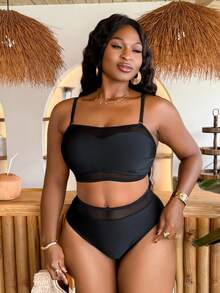 Slaydiva Set Pakaian Renang Bikini dan Celana Dalam Segitiga Kasual Warna Polos untuk Wanita Ukuran Besar di Pantai Musim Panas - Hitam - View 3