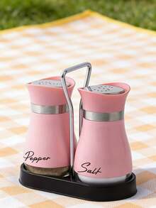 2pcs Pink Seasoning Shakers With Storage Rack, 8*4.5cm, Airtight Moisture-Proof Bottles For Salt, Pepper & Fine Grained Spices, Practical Kitchen Condiment Dispenser For Home Cooking & BBQ - Pink - View 4