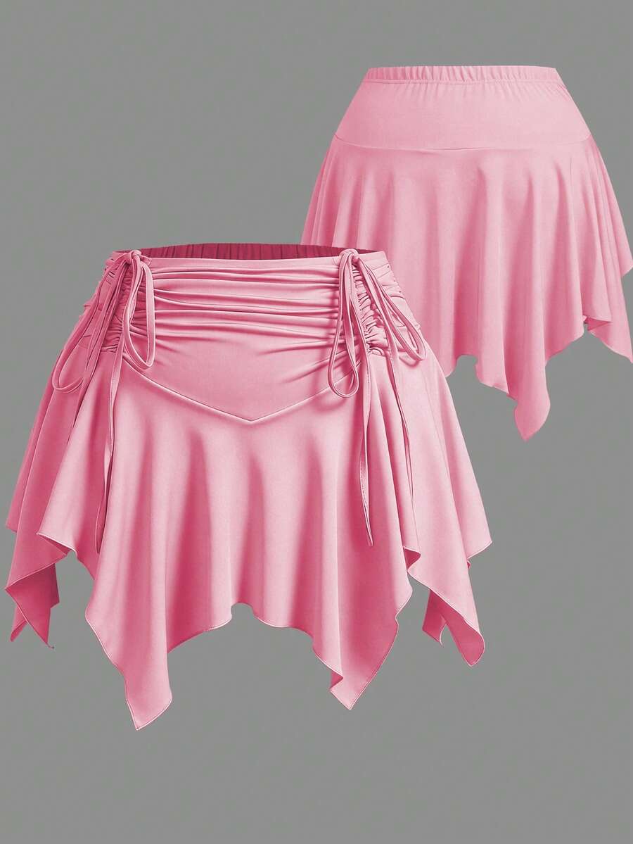 Sweetra CURVE Pantalones cortos con cintura elástica, cordón delantero y bajo asimétrico para tallas grandes - Rosa - Ver 1