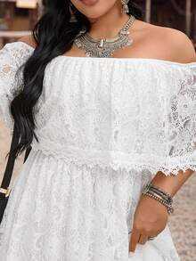 LanaWest CURVE Robe de fête chic et pour femmes grandes tailles, avec empiècement en dentelle et volants à l'épaule - Blanc - Voir 4