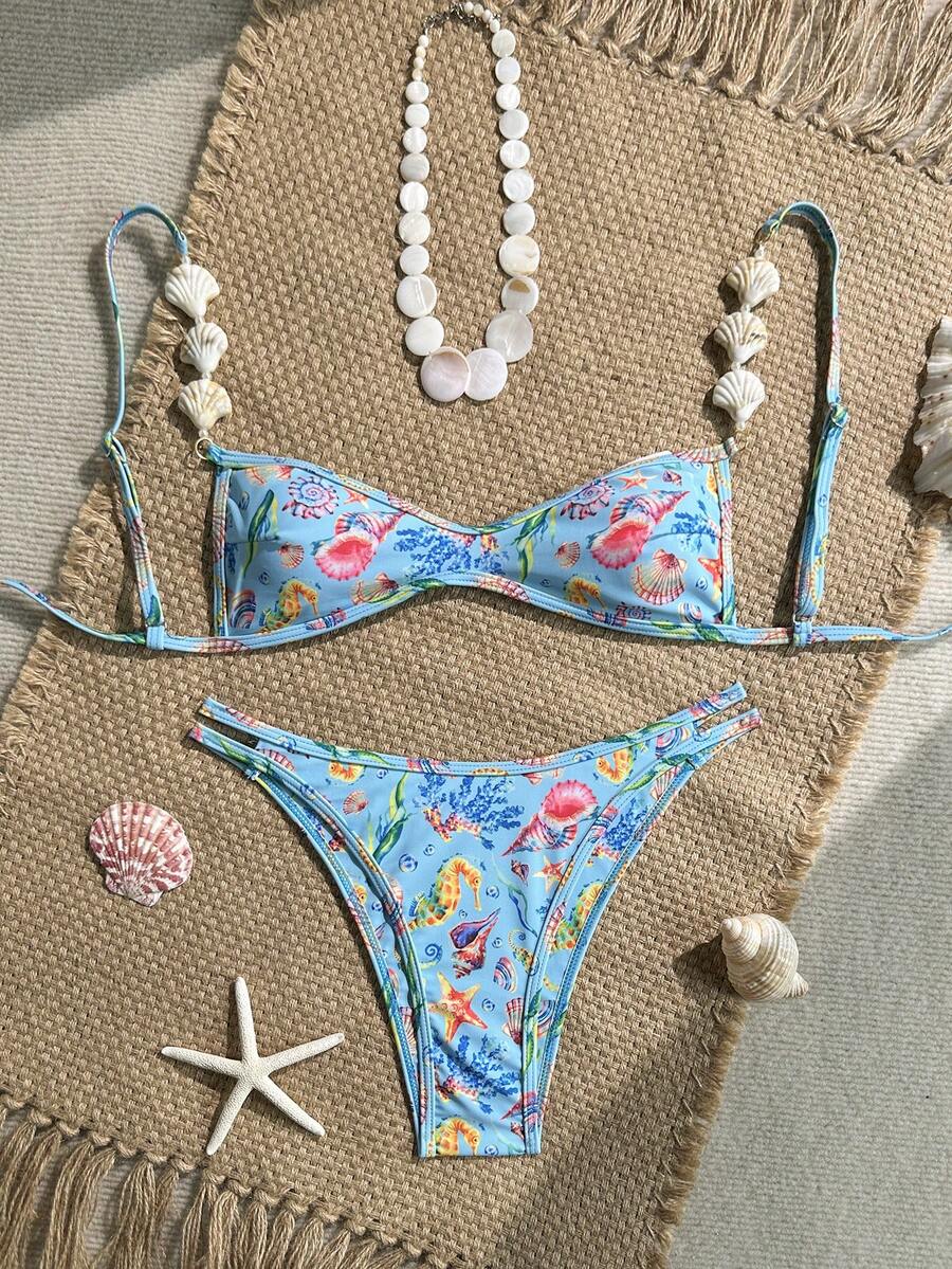 Swim Vcay 春夏数码印花海洋图案无钢圈吊带背心和泳裤女士沙滩度假泳装比基尼套装 - 彩色 - 查看 1