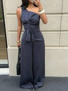 Siren Gaze Bộ đồ nữ thường ngày gồm áo sơ mi kẻ sọc và quần ống rộng (2 món). - Màu xanh lam - Xem 6