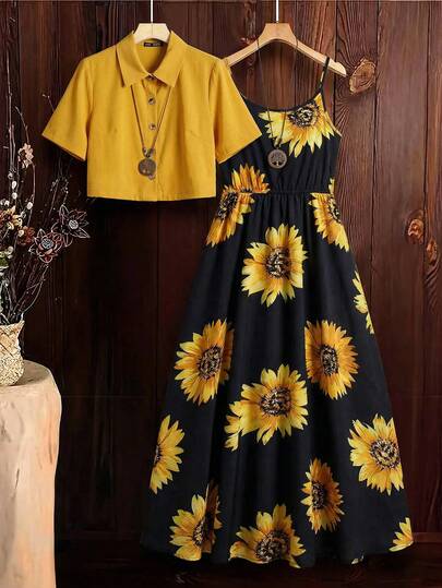 SHEIN Clasi 女士时尚优雅两件套，包含舒适的夏季短袖衬衫和吊带连衣裙，休闲办公装，适合返校季女性穿着。夏季两件套，两件套服装，两件套夏季服装，女士连衣裙套装，毕业典礼服装，送给妈妈的礼物，A字型节日服装，海滩约会之夜，向日葵印花连衣裙，长款连衣裙，夏季连衣裙，女士连衣裙，向日葵连衣裙，女士夏季连衣裙，女士度假套装，复古连衣裙，向日葵连衣裙，女士套装，女士夏季套装，女士休闲连衣裙，女士连衣裙，女士春季休闲套装，女士连衣裙，新款连衣裙，女士复古连衣裙