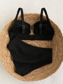 Swim Chiccia 2026春夏棕色粗肩带可调节后背金色U型装饰高腰荷叶边设计女士优雅比基尼泳衣两件套 - 黑色 - 查看 3