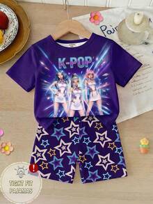 2pcs/Set Toddler Girls' Fashionable Kpop Girl Group Graphic Print Purple Round Neck Tee Paired With Star Pattern Allover Print Stretchy Shorts, Knit Fabric Casual Homewear Set, Spring/Summer - Purple - View 1