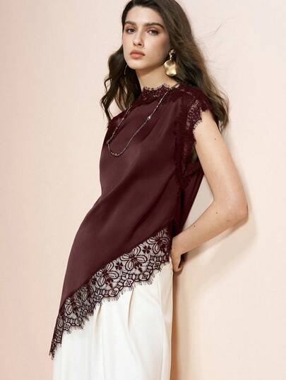  Arave 2026 Summer New Women's Burgundy Satin Lace Stretchy Fabric Comfortable Asymmetric Hemline Spaghetti Strap Long Top, Modern Urban Casual Business Chic Office Wear, Vintage Vacation Outfit For Wedding Guests, Modern Urban Casual Fashion Business Casual Women's Office Wear Low-Key Old Money Style Effortless Temperament High-End Urban Commuting High-Quality Airport Women's Wear High-End Material Burgundy Top Asymmetrical Blouse Women's Tops And Blouses Designer Top