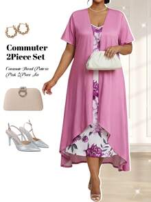 Fleurora Purple Summer Elegant Wedding Ninang Plus Size 2 Pieces Set Dress,Women's Floral Print Short Sleeve Jacket Cardigan & Modest Commuting Office Outfits - White - View 1