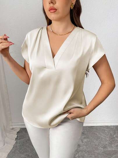 Elenzga Plus Size Women's Casual Loose Vacation Commute Solid Color Satin V-Neck Gathered Shoulder Batwing Sleeve Blouse, Spring/Summer Blouse For Women Elegant Classy Silk Top For Women Elegant Working Blouse Women S Tops And Blouses V Neck Blouses For Women New Blouse Office Top