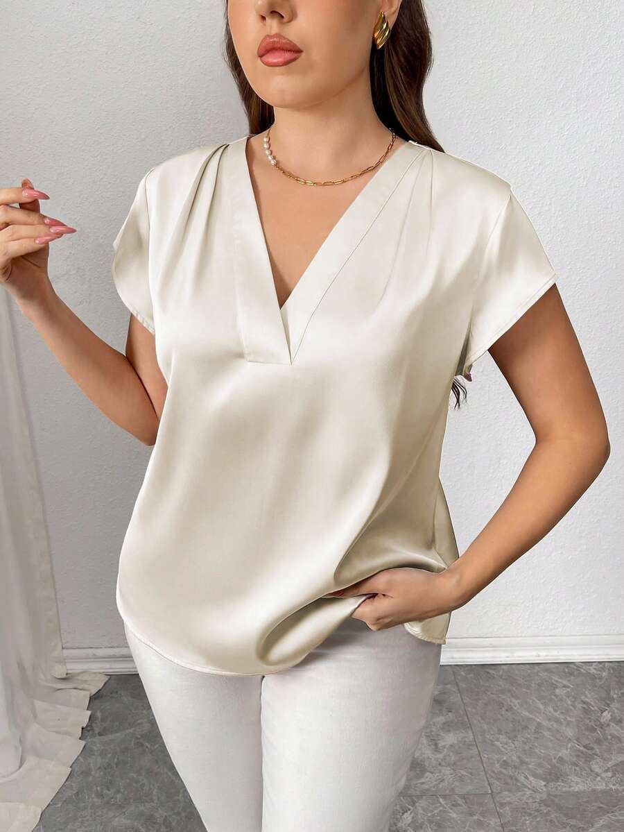 Elenzga Áo kiểu nữ cỡ lớn, dáng rộng, thoải mái, màu trơn, chất liệu satin, cổ chữ V, tay cánh dơi, thích hợp cho kỳ nghỉ hoặc đi làm, mùa xuân/hè. - Màu be - Xem 1