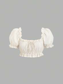 Sweetra 法式优雅时尚设计花瓣袖方领荷叶边装饰浪漫乡村甜美新款百搭通勤女式上衣 - 杏色 - 查看 1