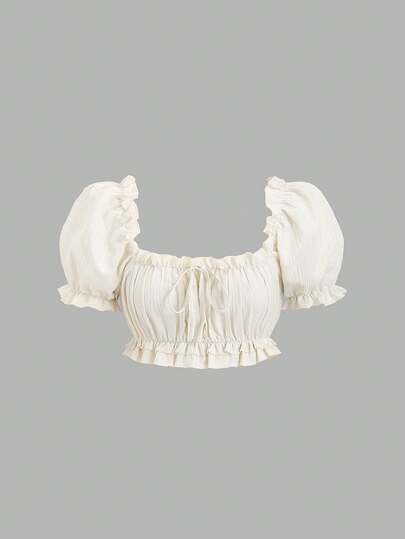 Sweetra Áo kiểu Pháp thanh lịch, tay cánh hoa, cổ vuông, viền bèo nhún, phong cách lãng mạn đồng quê, ngọt ngào, đa năng dành cho nữ đi làm.