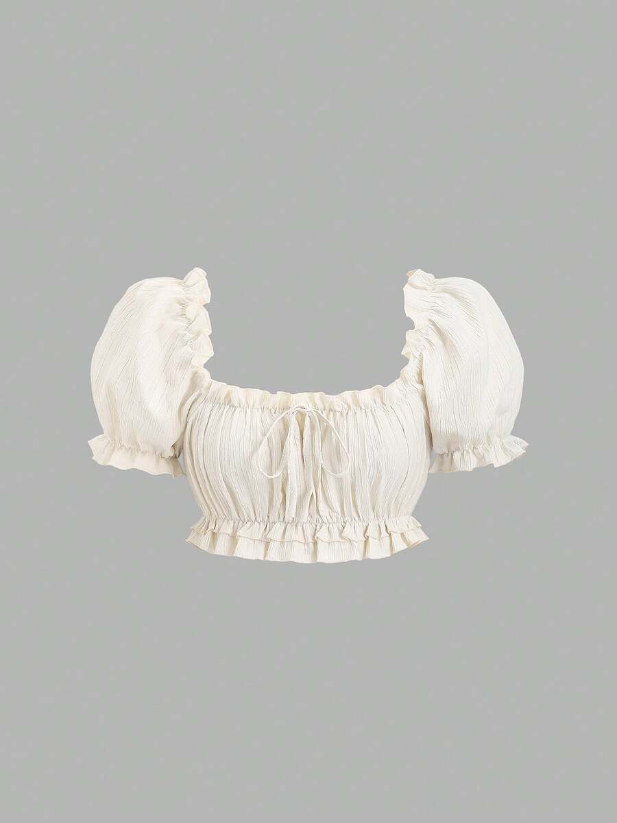 Sweetra 法式优雅时尚设计花瓣袖方领荷叶边装饰浪漫乡村甜美新款百搭通勤女式上衣 - 杏色 - 查看 1