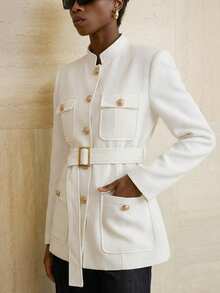 Aveloria Modichic Chaqueta utilitaria de cuello alto, tweed grueso, abotonadura sencilla con botones metálicos y cinturón decorativo - Blanco - Ver 6