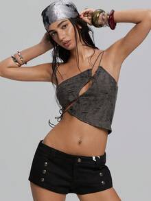 TypaGal 女士时尚性感不对称镂空上衣，夏季 - 灰色 - 查看 6