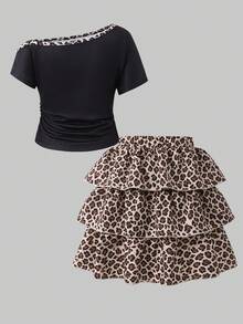 SHEIN 2件套少女豹纹字母露肩优雅短袖上衣搭配层叠荷叶边半裙套装，适合派对、外出、日常穿着。女童豹纹半裙，女童半裙上衣套装，女童服装套装，女童服装，女童豹纹套装，女童服装，少女服装，豹纹半裙套装，女童服装，女童套装。 - 彩色 - 查看 2