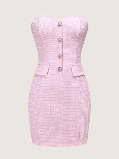 Olithes Vestido ajustado elegante y de moda sin tirantes para mujer, hecho de tela rosa con cierre de botón de metal, adecuado para fiesta, cita o uso diario en primavera/verano