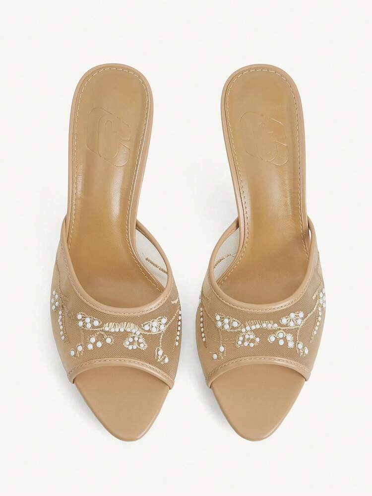 CUCCOO CHICEST Women Shoes Apricot Head Stiletto Mesh Embroidery Hot Diamond Open-Toe Fashion And Elegance With Skirt Women's High-Heeled Sandals Slippers