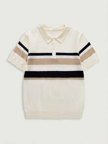 Courvante Men's Striped Pattern Casual Versatile Short Sleeve Knit Polo Shirt, Golf, Summer, Father's Day Gift - Apricot - View 3