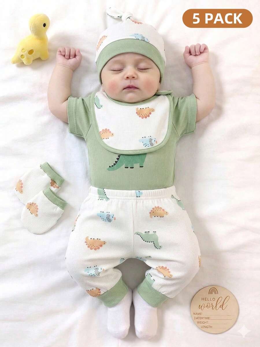 SHEIN 5pcs/Set Newborn Baby Boy Summer Cute Dinosaur Print Knit Soft Romper + All-Over Print Pants + Hat + Bib + Gloves - Green - View 1