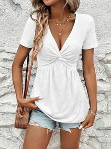 EMERY ROSE Áo thun nữ tay ngắn cổ chữ V nhún bèo xoắn phía trước - trắng - Xem 3