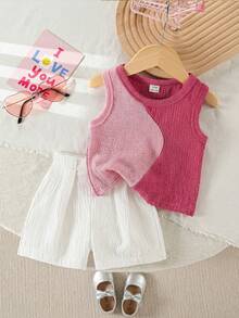 SHEIN 2pcs Baby Girls' Fashion Color Block Vest And Solid Minimalist Shorts Set, Casual Summer Outfit - Pink - View 4