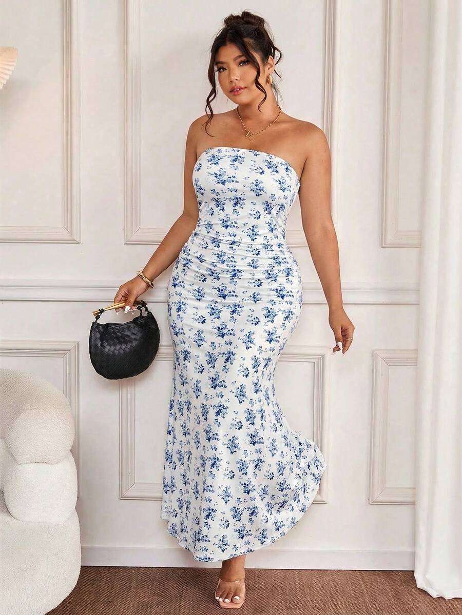 Cravure 大码女士优雅印花鱼尾无肩带连衣裙 - 彩色 - 查看 1