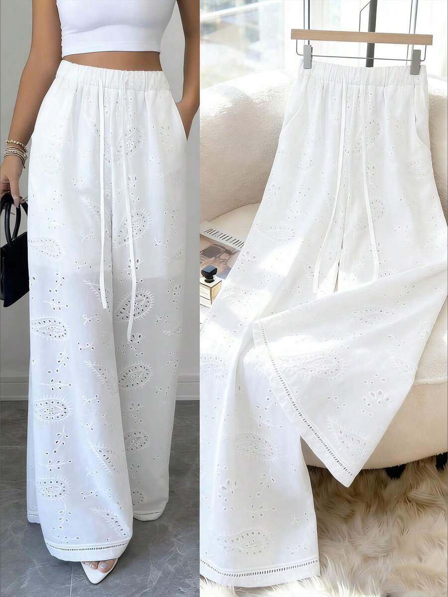 GlowEve Women's Elegant Straight-Leg Pants With Embroidered Elastic Waistband - White - View 1