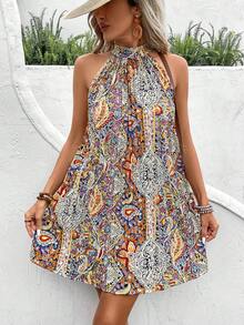 Breezaya Women's White And Blue Floral Summer Boho Vacation Holiday Dress,Halter Pleated Full Printed Beach Outfits,Boho Chic Resort Wear Casual Dresses - Multicolor - View 5