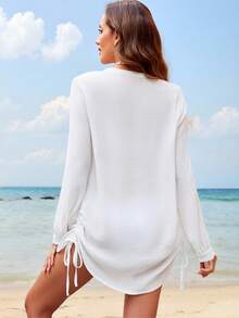 Swim Lushoire Women's Spring/Summer Beach Vacation Long Sleeve Drawstring Shirt Dress, Kimono Cover-Up - White - View 2