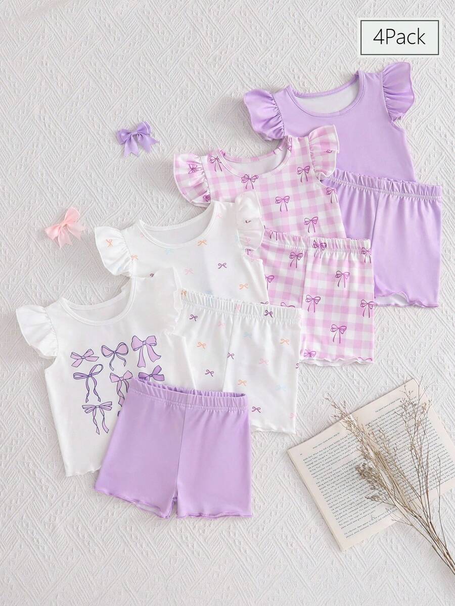 SHEIN 8件套女婴0-3岁春夏休闲日常穿着及外出可爱芭蕾舞女童无袖T恤和短裤套装 - 淡紫色 - 查看 1