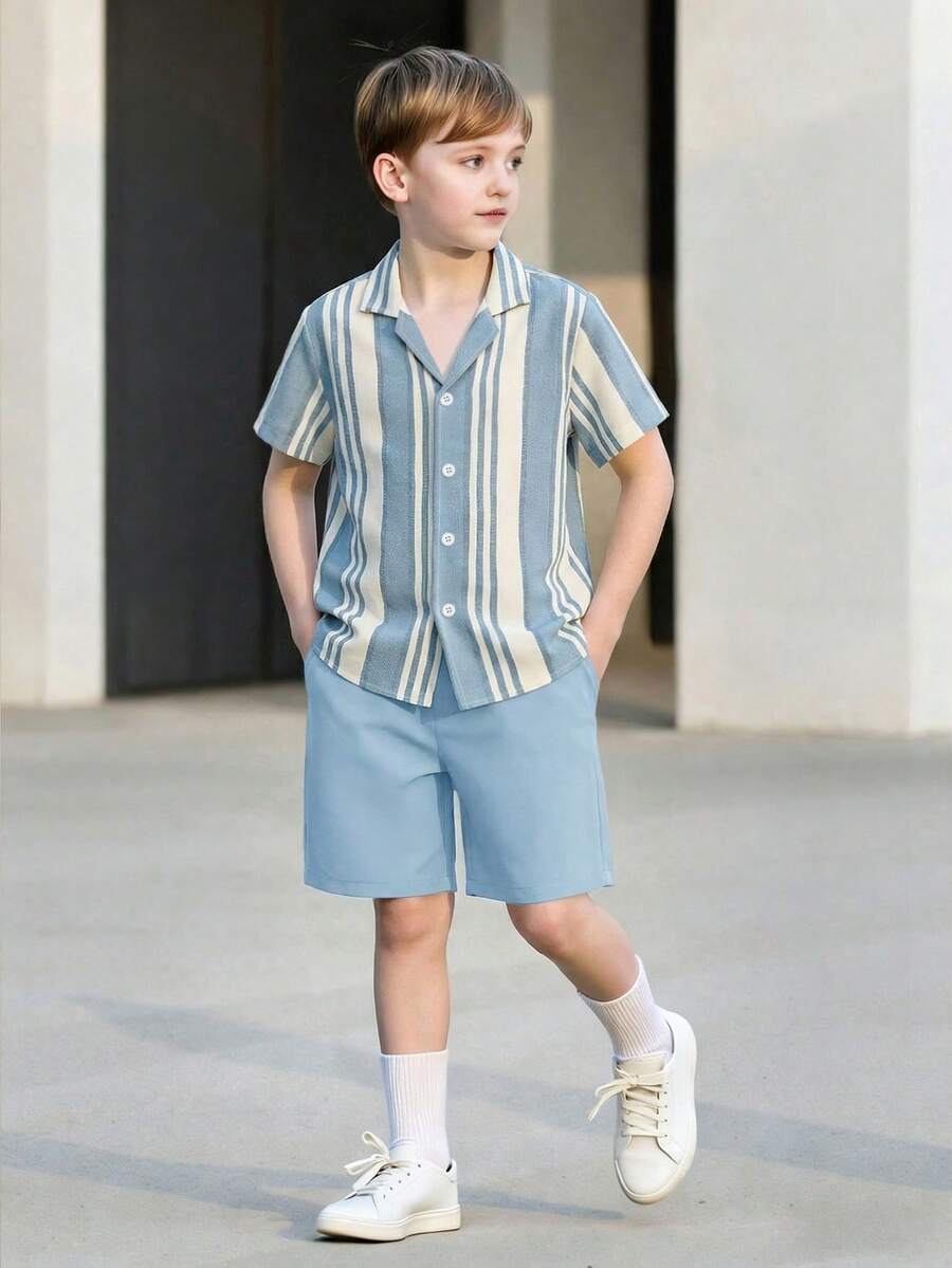 Vacaura 2 pezzi/set Camicia a righe e pantaloncini comodi e casual per ragazzi adolescenti - Multicolore - Visualizzare 1