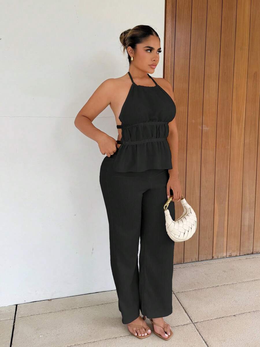 Maria Perezxox French Style Loose Solid Color Waist Tie Halter Relaxed Fit Wide Leg Casual Two Pieces Set For Women - Black - View 1