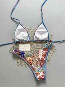 Swim Vcay 2件套 女士夏季度假随机印花金色太阳配饰吊带上衣和高腰复古比基尼泳裤沙滩装 波西米亚印花泳衣 高腰图案波西米亚比基尼印花泳衣 女士拼接印花比基尼 ቁምጣ Zaa服装 - 彩色 - 查看 3