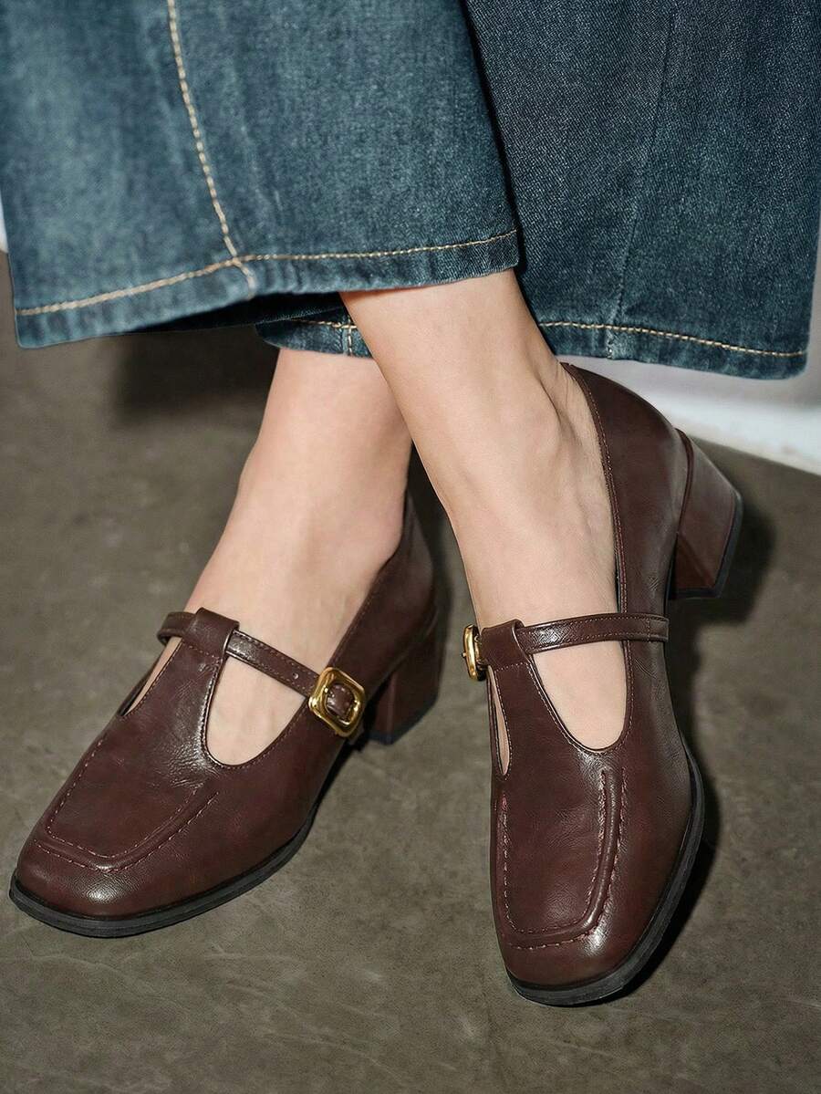 2025秋冬新款复古玛丽珍鞋，法式低帮粗跟小皮鞋，优雅 - 棕色 - 查看 1