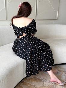 Vibekara Đầm buộc dây hở lưng in họa tiết cỡ lớn, thích hợp cho mùa xuân và mùa hè. - màu đen - Xem 4