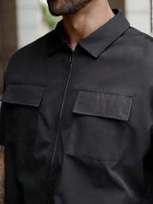 Manfinity Homme Plus Size Men's Casual Zipper Short Sleeve Shirt Jacket, Minimalist Design For Daily Wear - Dark Grey - View 4