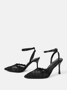 CUCCOO HITCHD 女士时尚优雅通勤网纱刺绣串珠尖头细高跟鞋 - 黑色H - 查看 3